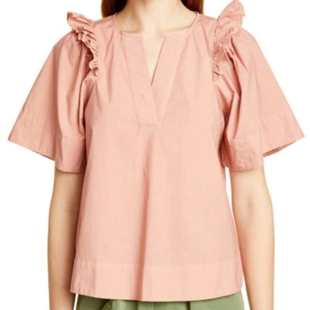 Sea New York Pink Cotton Poplin Top Size 2 Ruffle Sleeve Romantic Blouse
